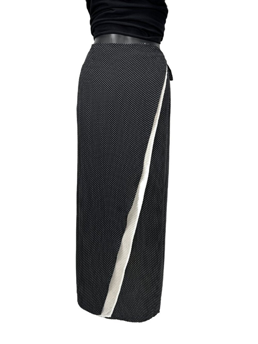 BETTY BARCLAY Silk ANGINE DE POITRINE Polka Dot Wrap Maxi Black White Skirt Sz 8